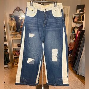 Wide Leg Distressed Jeans with Cream Accents